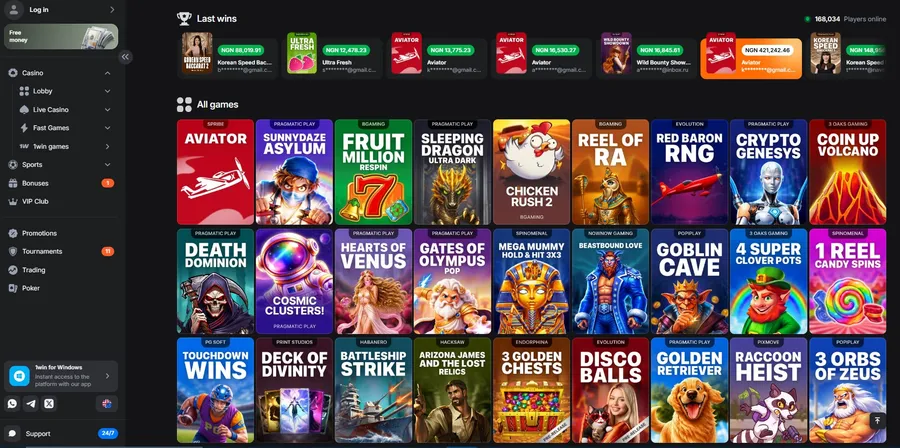 1Win's live 'last wins' ticker showing recent payouts in Nigerian Naira (NGN) next to the full games grid