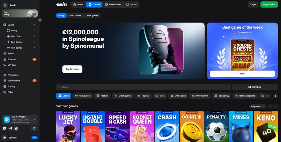 The 1Win casino lobby showing site navigation, active promotions, and the 1win games row including Lucky Jet, Crash and Mines